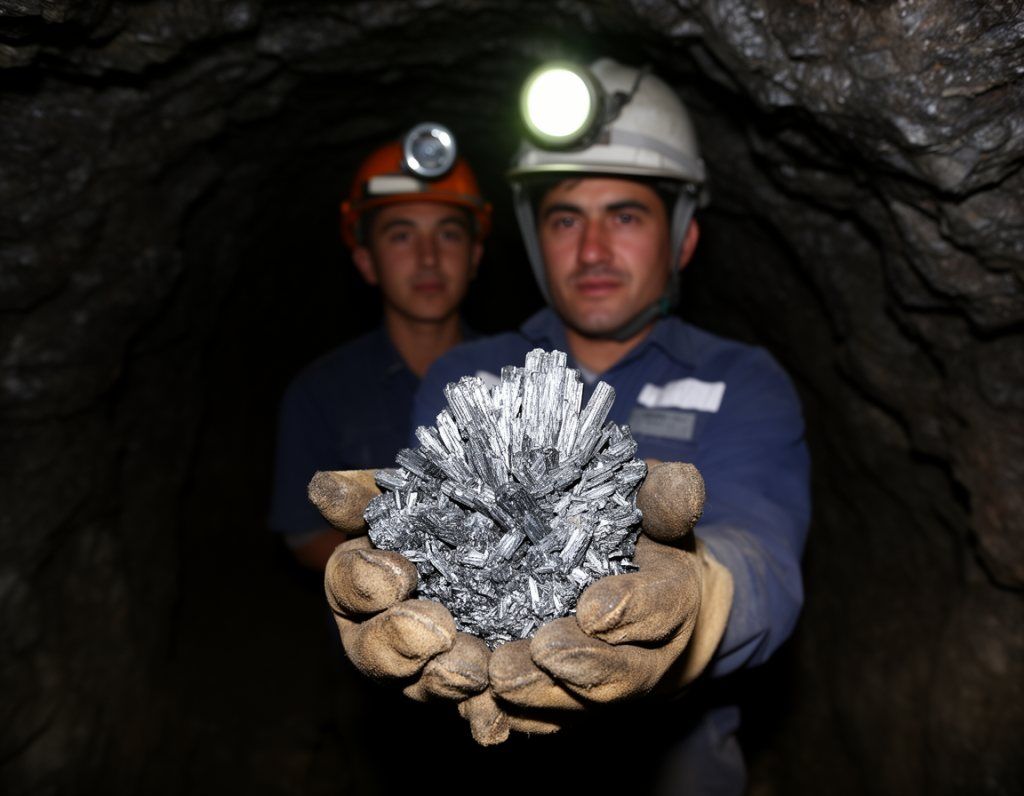 Stibnite, the ore of antimony. Ore leaves the Zone only with papers from a licensed works.
