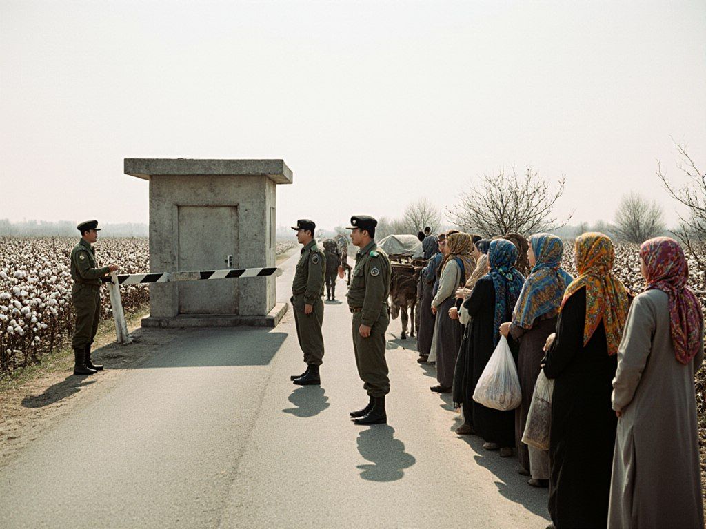 Travellers at the Kyzyl-Tuu crossing on the Uzbek frontier in the cotton harvest