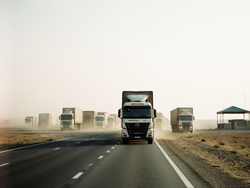 Lorries on the road to the northern crossings